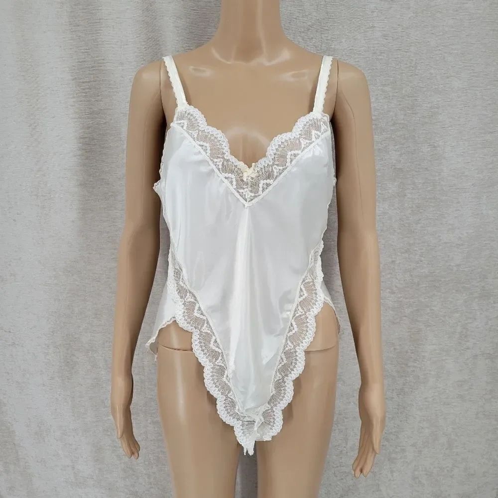 Vintage 80s White Lace Teddy Negligee Bodysuit High-waisted Women's